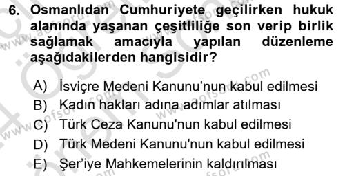 Atatürk İlkeleri Ve İnkılap Tarihi 2 Dersi 2023 - 2024 Yılı (Final) Dönem Sonu Sınavı 6. Soru