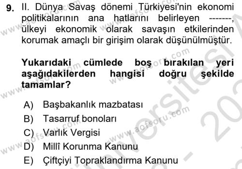 Atatürk İlkeleri Ve İnkılap Tarihi 2 Dersi 2023 - 2024 Yılı (Final) Dönem Sonu Sınavı 9. Soru