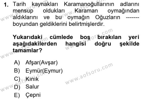 Orta Çağ ve Yeni Çağ Türk Devletleri Tarihi Dersi 2019 - 2020 Yılı (Final) Dönem Sonu Sınavı 1. Soru