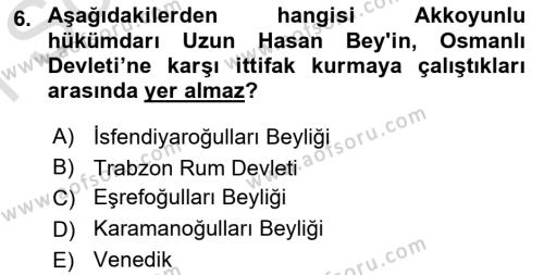 Orta Çağ ve Yeni Çağ Türk Devletleri Tarihi Dersi 2019 - 2020 Yılı (Final) Dönem Sonu Sınavı 6. Soru