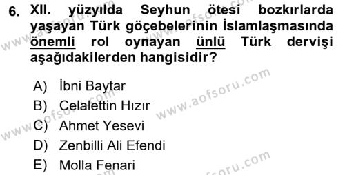 Orta Çağ ve Yeni Çağ Türk Devletleri Tarihi Dersi 2020 - 2021 Yılı Yaz Okulu Sınavı 6. Soru