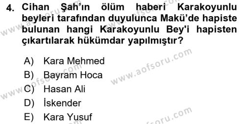 Orta Çağ ve Yeni Çağ Türk Devletleri Tarihi Dersi 2021 - 2022 Yılı (Final) Dönem Sonu Sınavı 4. Soru