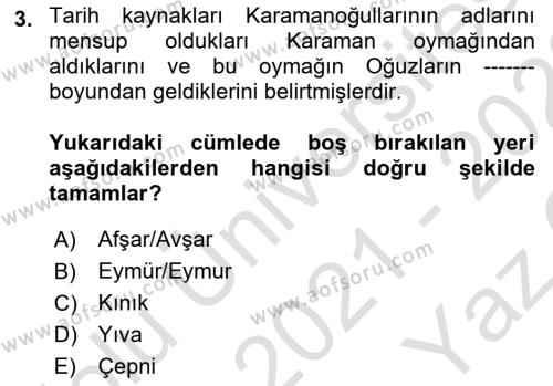 Orta Çağ ve Yeni Çağ Türk Devletleri Tarihi Dersi 2021 - 2022 Yılı Yaz Okulu Sınavı 3. Soru