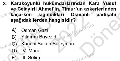 Orta Çağ ve Yeni Çağ Türk Devletleri Tarihi Dersi 2022 - 2023 Yılı (Final) Dönem Sonu Sınavı 3. Soru