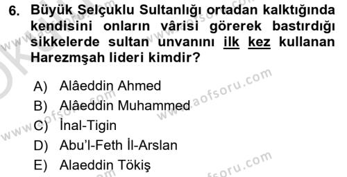 Orta Çağ ve Yeni Çağ Türk Devletleri Tarihi Dersi 2022 - 2023 Yılı Yaz Okulu Sınavı 6. Soru