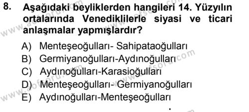 Ortaçağ ve Yeniçağ Türk Devletleri Tarihi Dersi 2012 - 2013 Yılı (Vize) Ara Sınavı 8. Soru