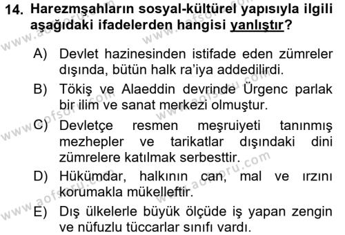 Ortaçağ ve Yeniçağ Türk Devletleri Tarihi Dersi 2016 - 2017 Yılı (Vize) Ara Sınavı 14. Soru