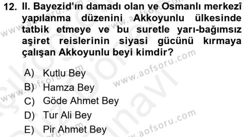 Ortaçağ ve Yeniçağ Türk Devletleri Tarihi Dersi 2016 - 2017 Yılı (Final) Dönem Sonu Sınavı 12. Soru