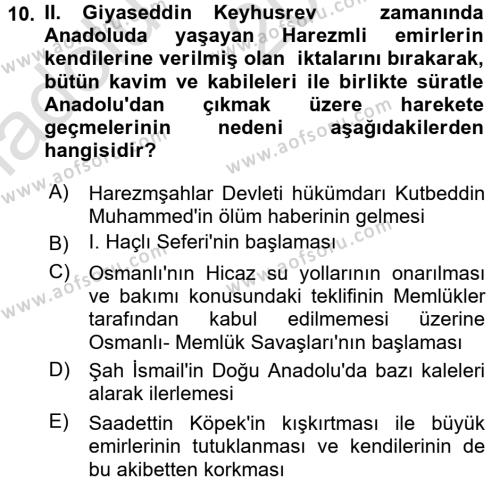 Ortaçağ ve Yeniçağ Türk Devletleri Tarihi Dersi 2017 - 2018 Yılı (Vize) Ara Sınavı 10. Soru