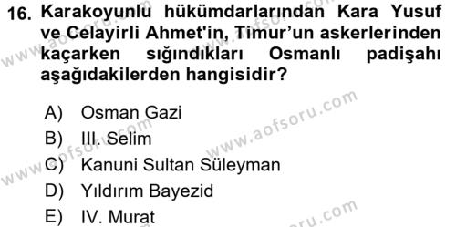 Ortaçağ ve Yeniçağ Türk Devletleri Tarihi Dersi 2017 - 2018 Yılı (Vize) Ara Sınavı 16. Soru