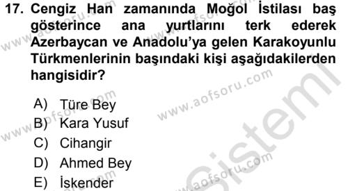 Ortaçağ ve Yeniçağ Türk Devletleri Tarihi Dersi 2017 - 2018 Yılı (Vize) Ara Sınavı 17. Soru