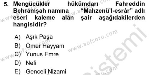 Ortaçağ ve Yeniçağ Türk Devletleri Tarihi Dersi 2017 - 2018 Yılı (Vize) Ara Sınavı 5. Soru