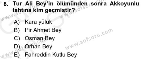 Ortaçağ ve Yeniçağ Türk Devletleri Tarihi Dersi 2017 - 2018 Yılı (Final) Dönem Sonu Sınavı 8. Soru