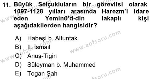 Ortaçağ ve Yeniçağ Türk Devletleri Tarihi Dersi 2018 - 2019 Yılı (Vize) Ara Sınavı 11. Soru