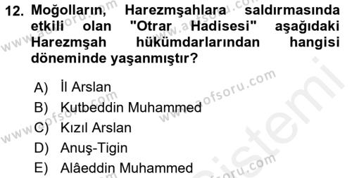 Ortaçağ ve Yeniçağ Türk Devletleri Tarihi Dersi 2018 - 2019 Yılı (Vize) Ara Sınavı 12. Soru