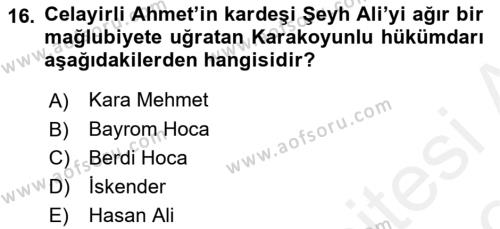 Ortaçağ ve Yeniçağ Türk Devletleri Tarihi Dersi 2018 - 2019 Yılı (Vize) Ara Sınavı 16. Soru