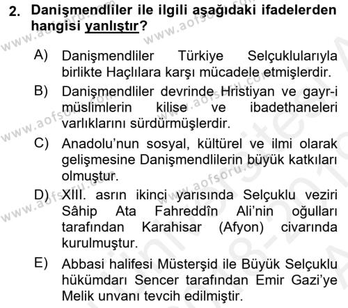 Ortaçağ ve Yeniçağ Türk Devletleri Tarihi Dersi 2018 - 2019 Yılı (Vize) Ara Sınavı 2. Soru