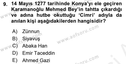 Ortaçağ ve Yeniçağ Türk Devletleri Tarihi Dersi 2018 - 2019 Yılı (Vize) Ara Sınavı 9. Soru