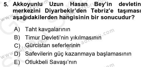 Ortaçağ ve Yeniçağ Türk Devletleri Tarihi Dersi 2018 - 2019 Yılı (Final) Dönem Sonu Sınavı 5. Soru