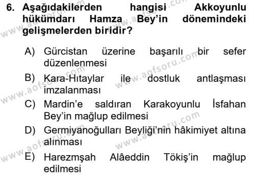 Ortaçağ ve Yeniçağ Türk Devletleri Tarihi Dersi 2018 - 2019 Yılı (Final) Dönem Sonu Sınavı 6. Soru