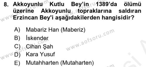 Ortaçağ ve Yeniçağ Türk Devletleri Tarihi Dersi 2018 - 2019 Yılı (Final) Dönem Sonu Sınavı 8. Soru