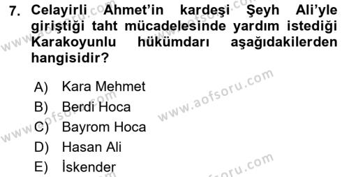 Ortaçağ ve Yeniçağ Türk Devletleri Tarihi Dersi 2018 - 2019 Yılı Yaz Okulu Sınavı 7. Soru