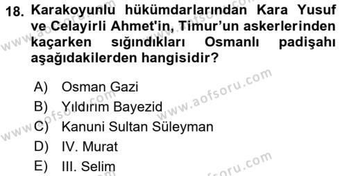 Ortaçağ ve Yeniçağ Türk Devletleri Tarihi Dersi 2019 - 2020 Yılı (Vize) Ara Sınavı 18. Soru