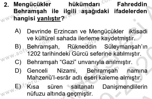 Ortaçağ ve Yeniçağ Türk Devletleri Tarihi Dersi 2019 - 2020 Yılı (Vize) Ara Sınavı 2. Soru