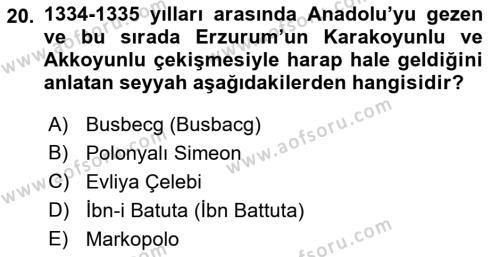 Ortaçağ ve Yeniçağ Türk Devletleri Tarihi Dersi 2019 - 2020 Yılı (Vize) Ara Sınavı 20. Soru