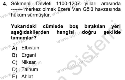 Ortaçağ ve Yeniçağ Türk Devletleri Tarihi Dersi 2019 - 2020 Yılı (Vize) Ara Sınavı 4. Soru