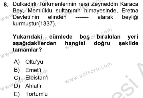 Ortaçağ ve Yeniçağ Türk Devletleri Tarihi Dersi 2019 - 2020 Yılı (Vize) Ara Sınavı 8. Soru