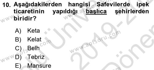 Ortaçağ ve Yeniçağ Türk Devletleri Tarihi Dersi 2019 - 2020 Yılı (Final) Dönem Sonu Sınavı 10. Soru