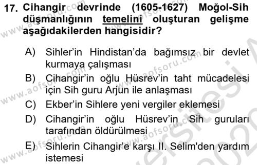 Ortaçağ ve Yeniçağ Türk Devletleri Tarihi Dersi 2019 - 2020 Yılı (Final) Dönem Sonu Sınavı 17. Soru