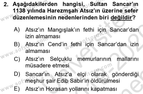 Ortaçağ ve Yeniçağ Türk Devletleri Tarihi Dersi 2019 - 2020 Yılı (Final) Dönem Sonu Sınavı 2. Soru