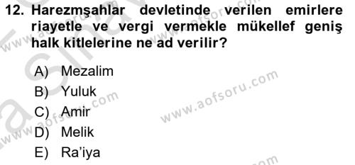 Ortaçağ ve Yeniçağ Türk Devletleri Tarihi Dersi 2021 - 2022 Yılı (Vize) Ara Sınavı 12. Soru