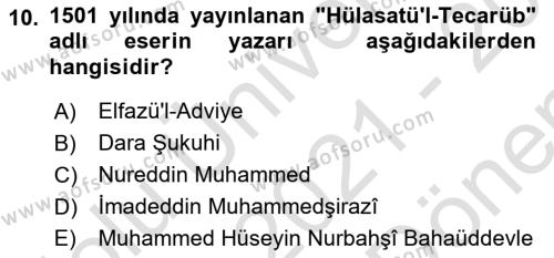 Ortaçağ ve Yeniçağ Türk Devletleri Tarihi Dersi 2021 - 2022 Yılı (Final) Dönem Sonu Sınavı 10. Soru