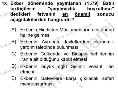 Ortaçağ ve Yeniçağ Türk Devletleri Tarihi Dersi 2021 - 2022 Yılı (Final) Dönem Sonu Sınavı 18. Soru