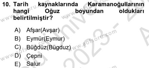 Ortaçağ ve Yeniçağ Türk Devletleri Tarihi Dersi 2023 - 2024 Yılı (Vize) Ara Sınavı 10. Soru