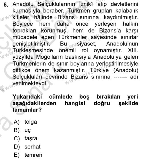 Ortaçağ ve Yeniçağ Türk Devletleri Tarihi Dersi 2023 - 2024 Yılı (Vize) Ara Sınavı 6. Soru