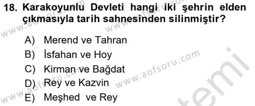 Ortaçağ ve Yeniçağ Türk Devletleri Tarihi Dersi 2024 - 2025 Yılı (Vize) Ara Sınavı 18. Soru