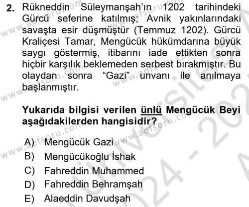 Ortaçağ ve Yeniçağ Türk Devletleri Tarihi Dersi 2024 - 2025 Yılı (Vize) Ara Sınavı 2. Soru