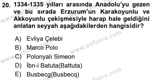 Ortaçağ ve Yeniçağ Türk Devletleri Tarihi Dersi 2024 - 2025 Yılı (Vize) Ara Sınavı 20. Soru
