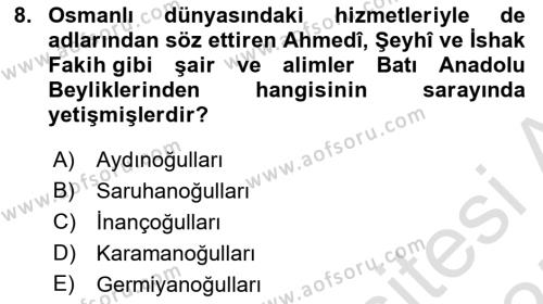 Ortaçağ ve Yeniçağ Türk Devletleri Tarihi Dersi 2024 - 2025 Yılı (Vize) Ara Sınavı 8. Soru