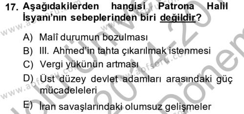 Osmanlı Tarihi (1566-1789) Dersi 2014 - 2015 Yılı (Final) Dönem Sonu Sınavı 17. Soru