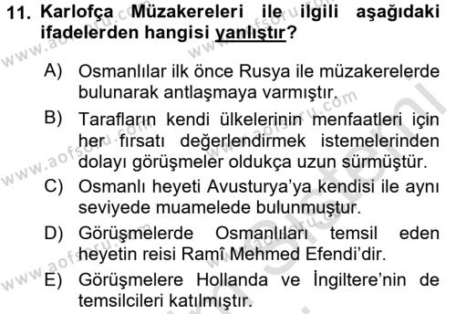 Osmanlı Tarihi (1566-1789) Dersi 2015 - 2016 Yılı (Final) Dönem Sonu Sınavı 11. Soru