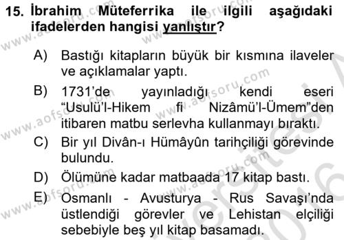 Osmanlı Tarihi (1566-1789) Dersi 2015 - 2016 Yılı (Final) Dönem Sonu Sınavı 15. Soru