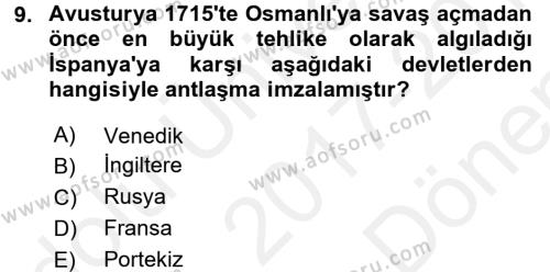 Osmanlı Tarihi (1566-1789) Dersi 2017 - 2018 Yılı (Final) Dönem Sonu Sınavı 9. Soru