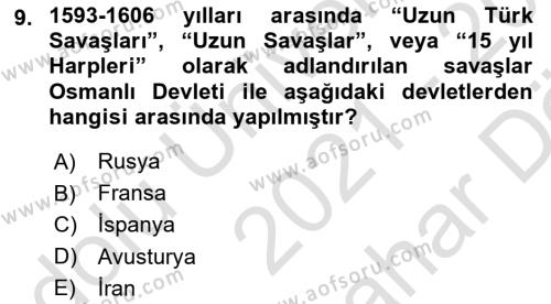 Osmanlı Tarihi (1566-1789) Dersi 2021 - 2022 Yılı (Vize) Ara Sınavı 9. Soru