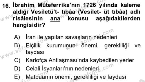 Osmanlı Tarihi (1566-1789) Dersi 2023 - 2024 Yılı (Final) Dönem Sonu Sınavı 16. Soru