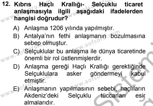 Türkiye Selçuklu Tarihi Dersi 2012 - 2013 Yılı (Vize) Ara Sınavı 12. Soru